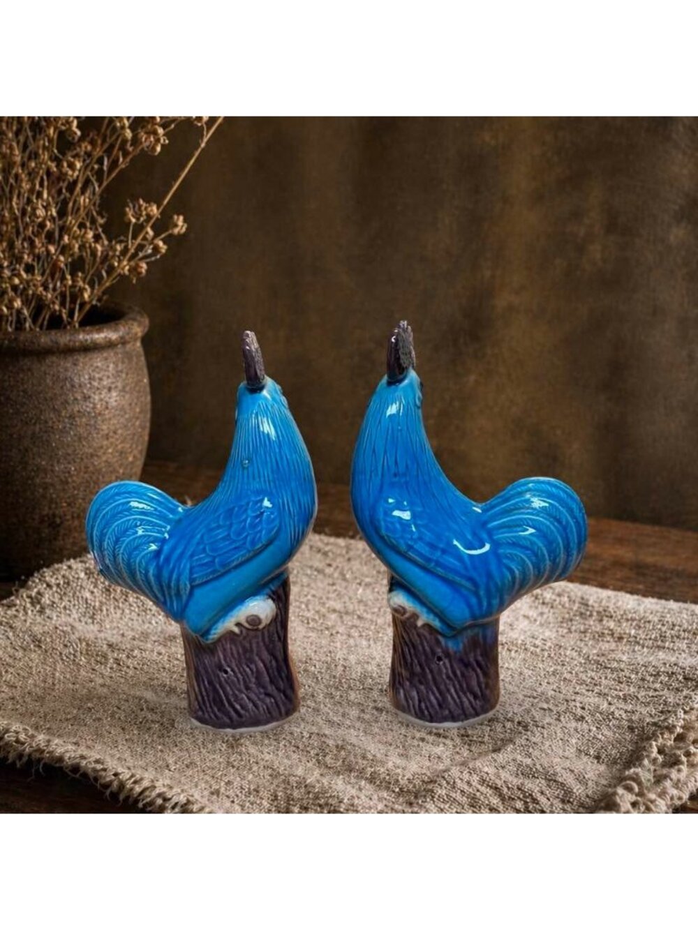 Vintage Turquoise Rooster Figurine Pair MTC Taiwan | Aubergine Glazed Chinoiseri - Picture 12 of 12